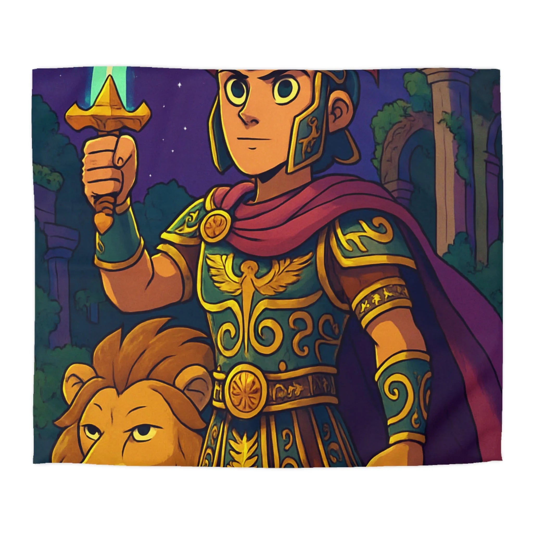 Housse de couette épique pour enfants avec un guerrier et un lion mythiques