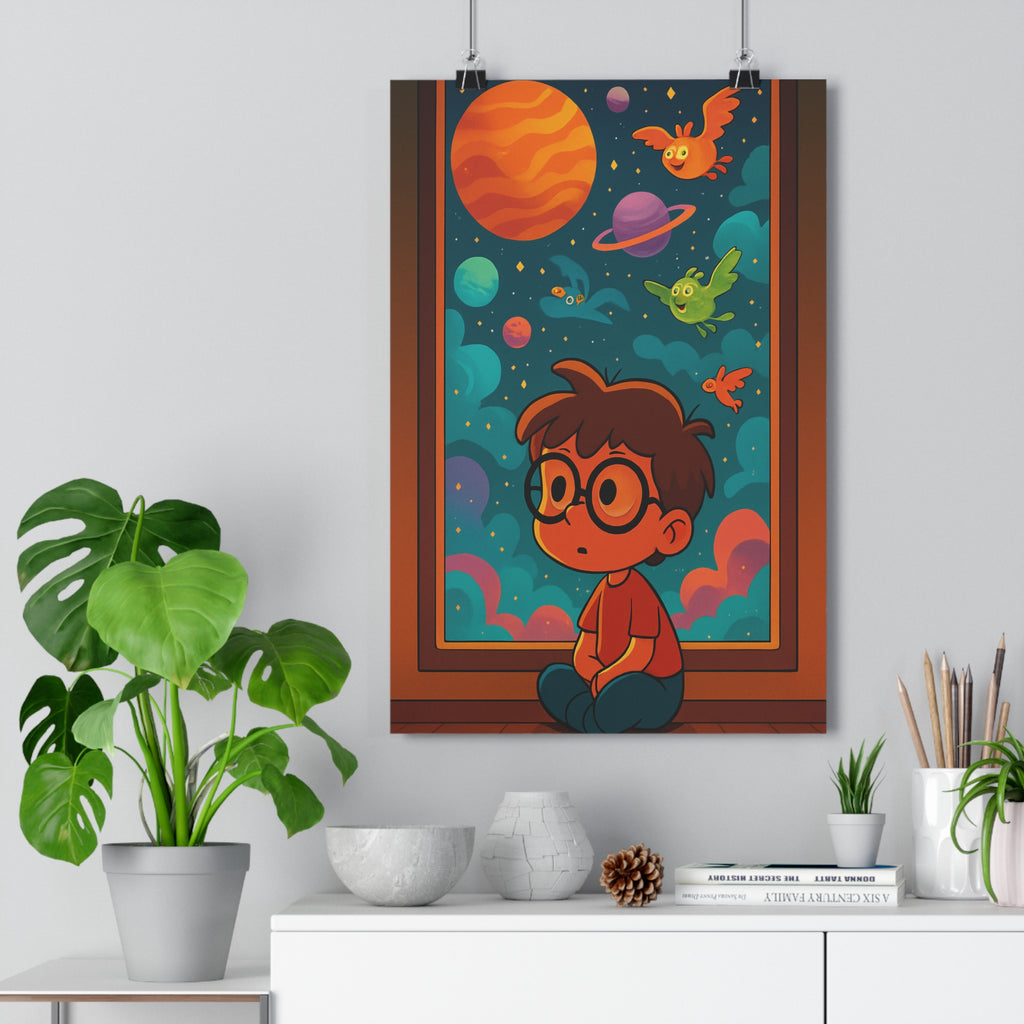 Poster décoratif enfant ciel étoilé créature cartoon magique bleu vert orange chambre 30x46cm qualité