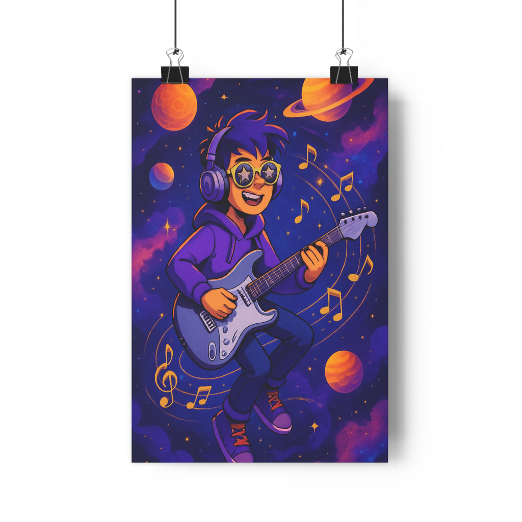 Poster décoratif coloré violet orange cartoon ludique chambre enfant espace musique étoile univers guitare