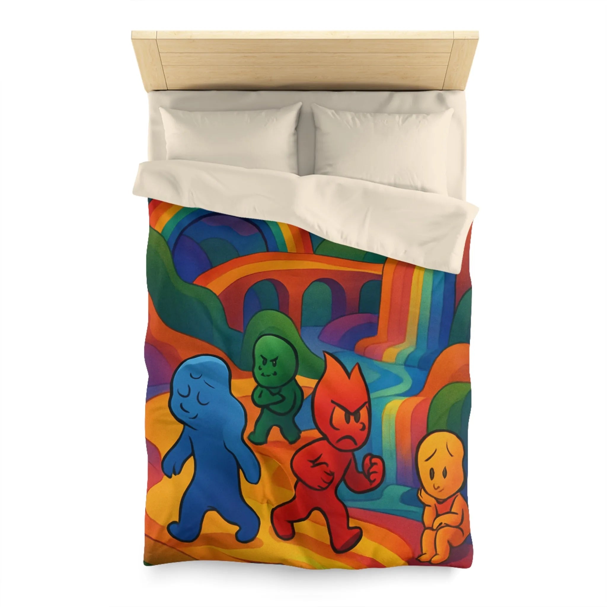 Housse de couette arc-en-ciel vibrante avec personnages colorés et cascade sereine