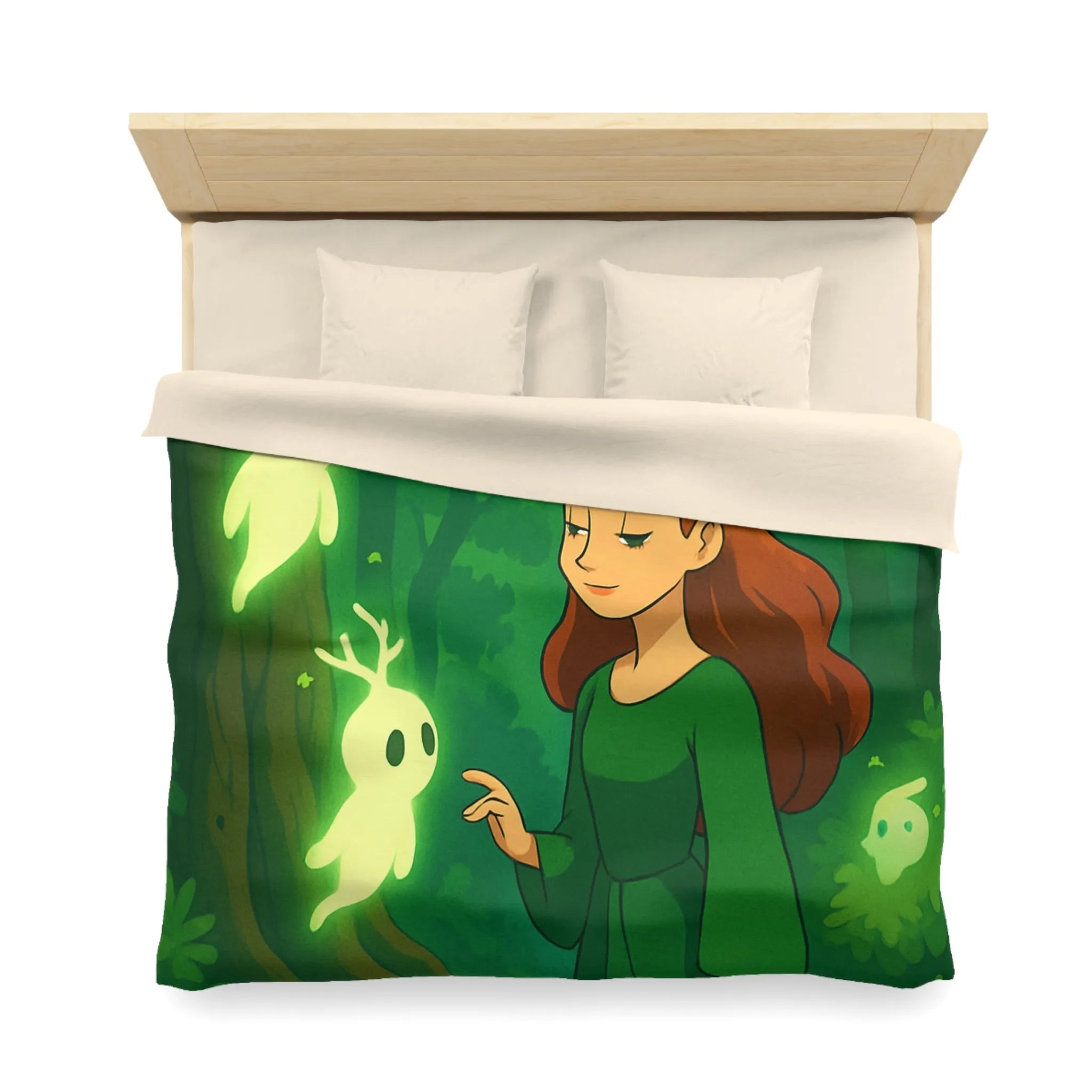 Housse de couette enchantée avec esprits lumineux dans une forêt mystérieuse et verdoyante