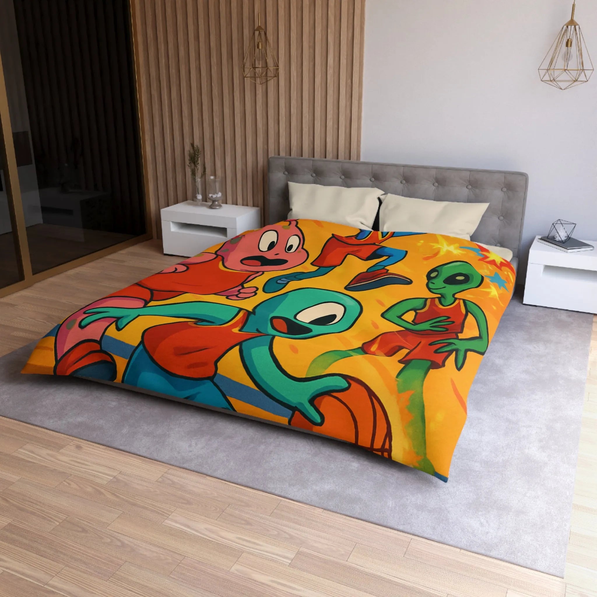 Housse de couette alien colorée pour chambre d'enfant avec thème basket et espace