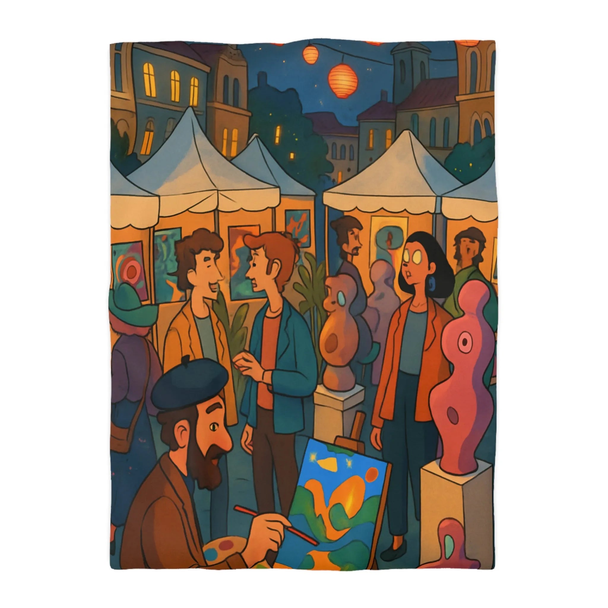 Housse de couette avec scène de marché nocturne animé et sculptures colorées