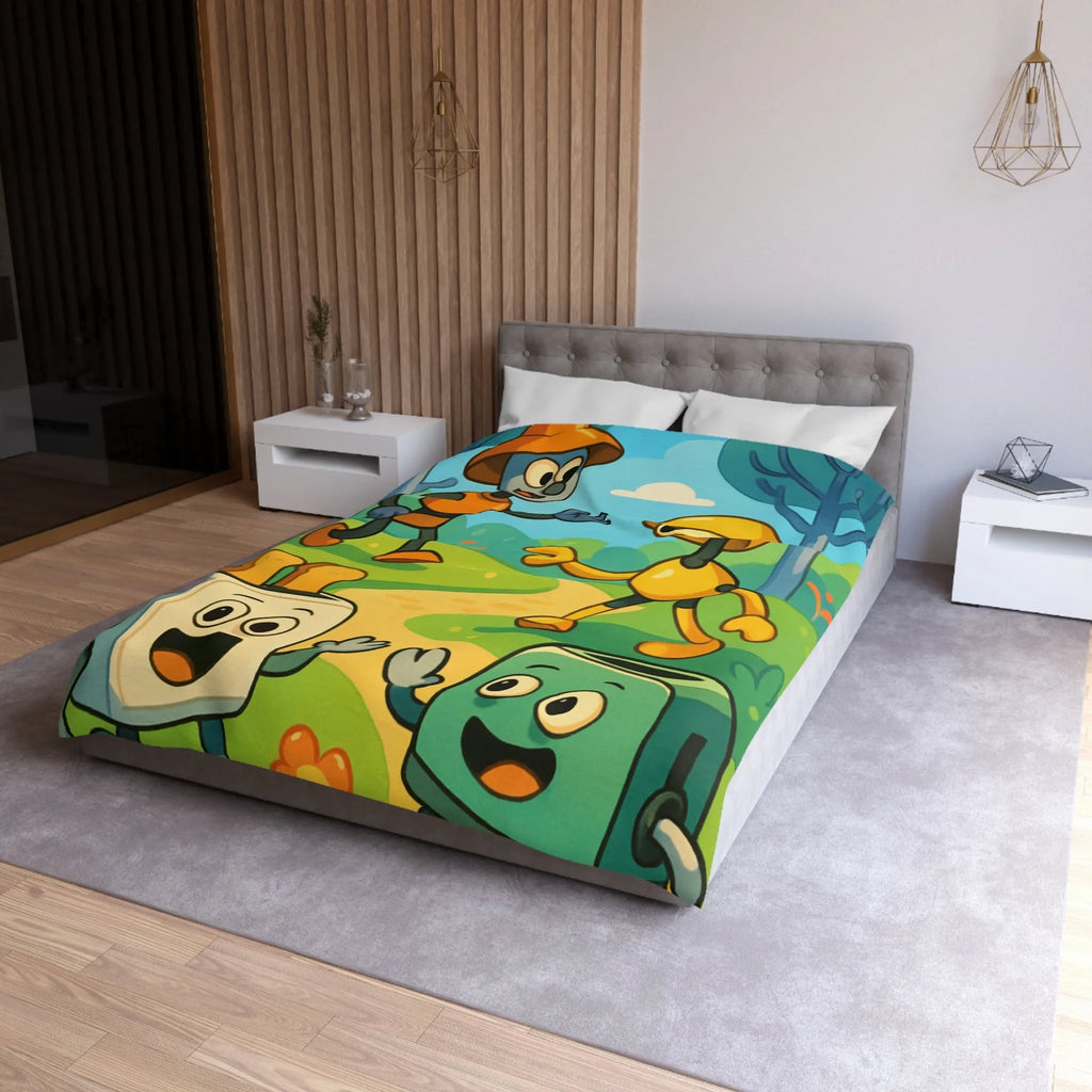 Housse de couette colorée avec robots joyeux et paysage forestier graphique