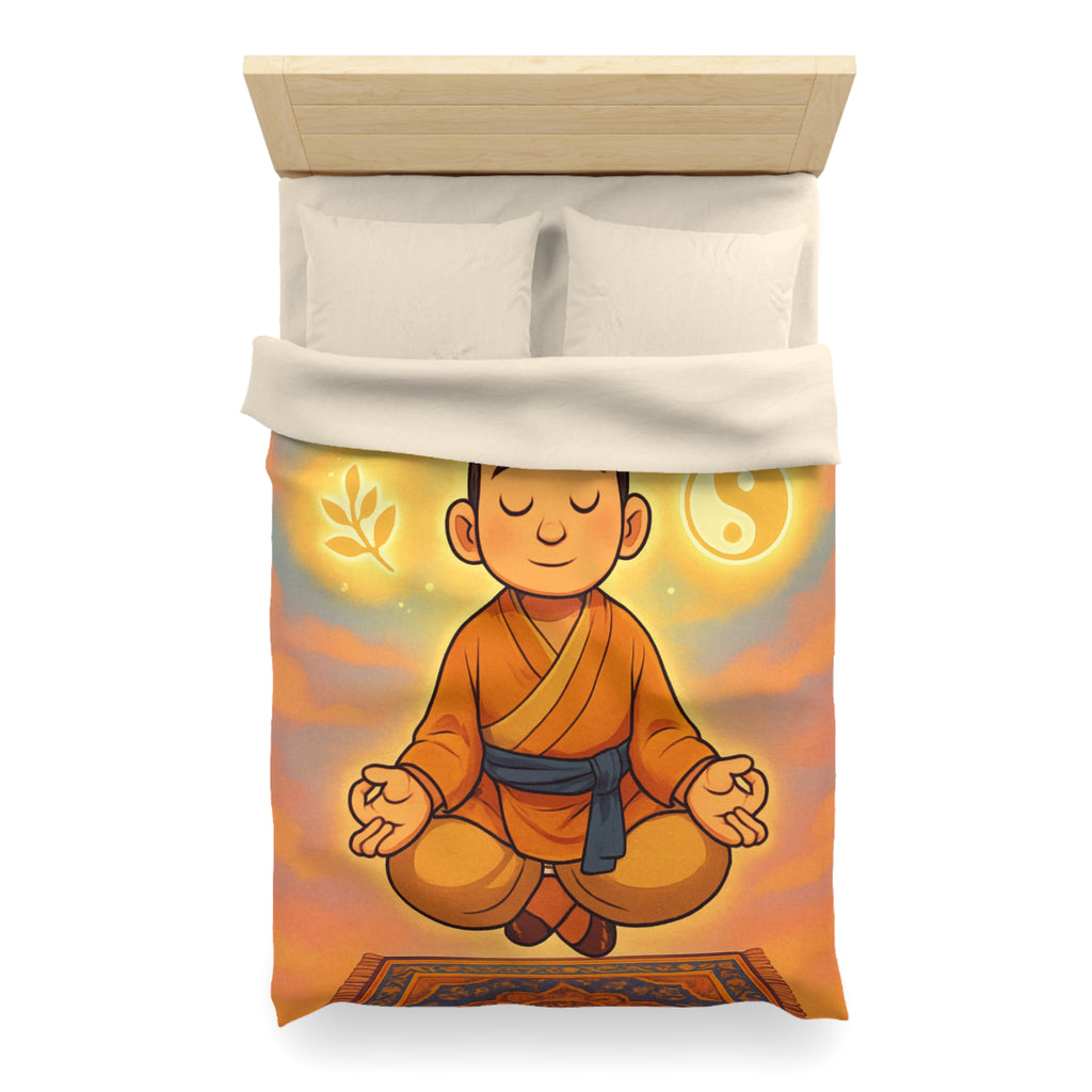 Housse de couette zen avec méditation, symboles spirituels, orange et bleu apaisant