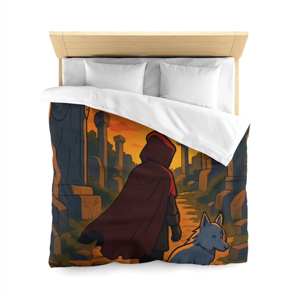Housse de Couette Enfant Rouge et Blanc, Chemin Énigmatique du Crépuscule, Statue Mystérieuse
