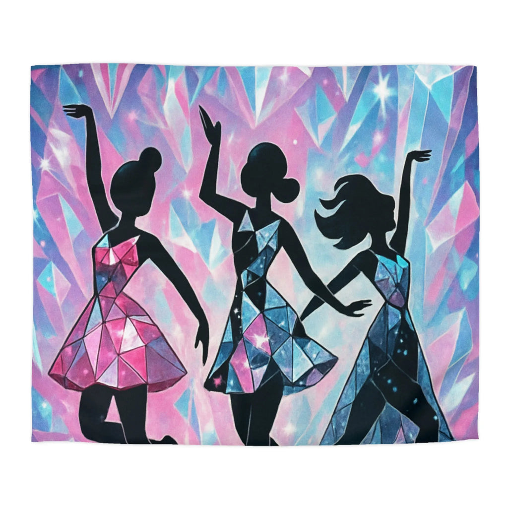 Élégantes silhouettes de danseuses avec motifs géométriques sur fond cristallin scintillant