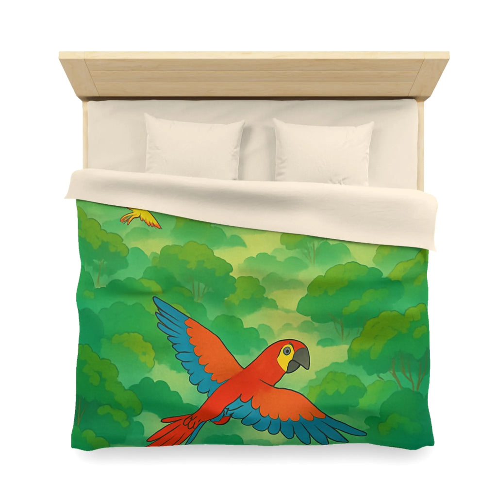 Housse de Couette Colorée Tropicale avec Perroquets et Paysage de Forêt Exotique