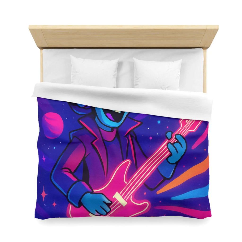 Housse de Couette Galactique avec Musicien Alien et Planètes Multicolores en Néon Vibrant