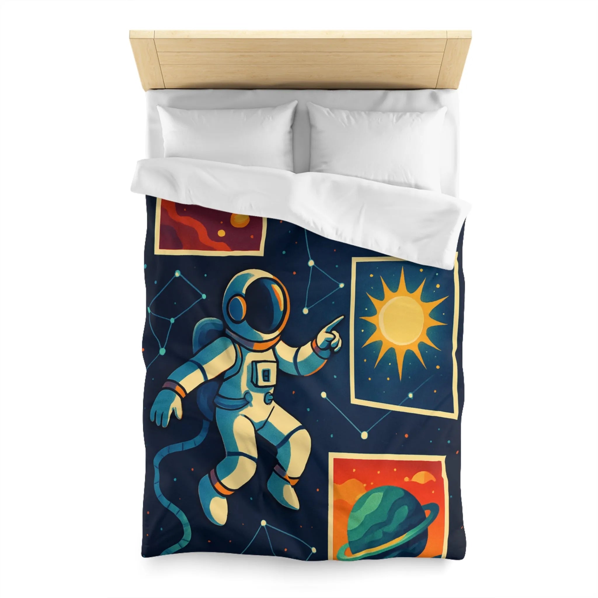 Housse de Couette Espace: Astronaute Flottant parmi Planètes et Constellations, Nuit Étoilée