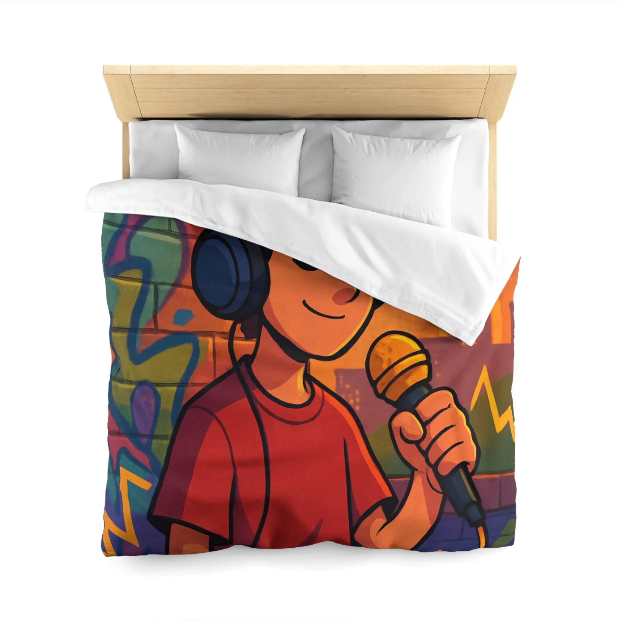 Housse de couette graphique urbaine avec chanteur et microphone sur fond coloré