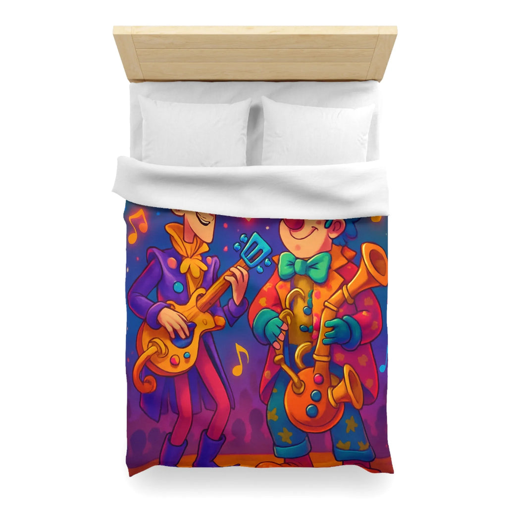 Housse de couette colorée avec musiciens joyeux jouant guitare et saxophone sous projecteurs