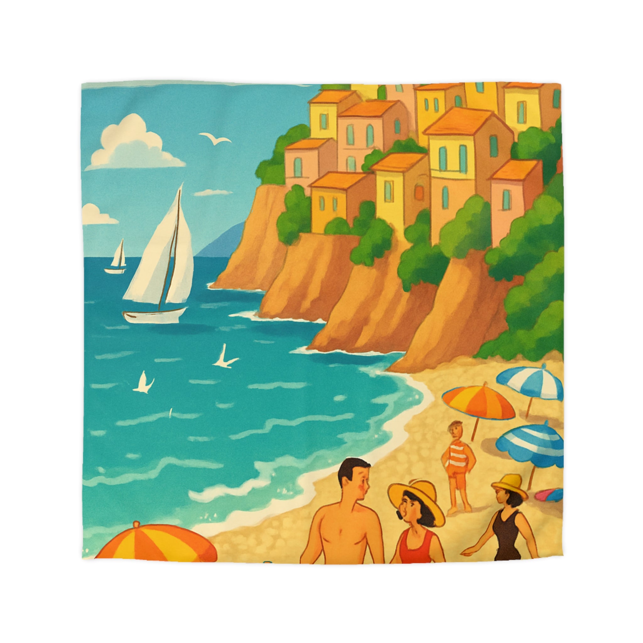 Housse de couette plage méditerranéenne avec paysages colorés et vacanciers ensoleillés