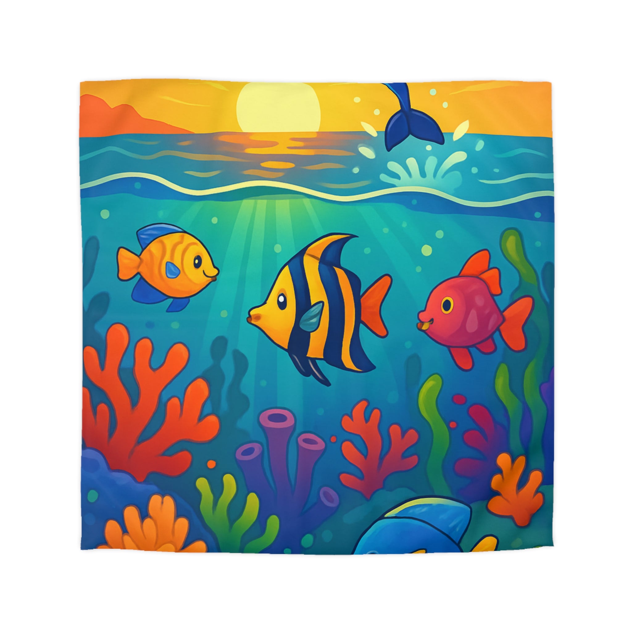 Housse de couette océanique colorée avec poissons tropicaux et dauphin au coucher du soleil