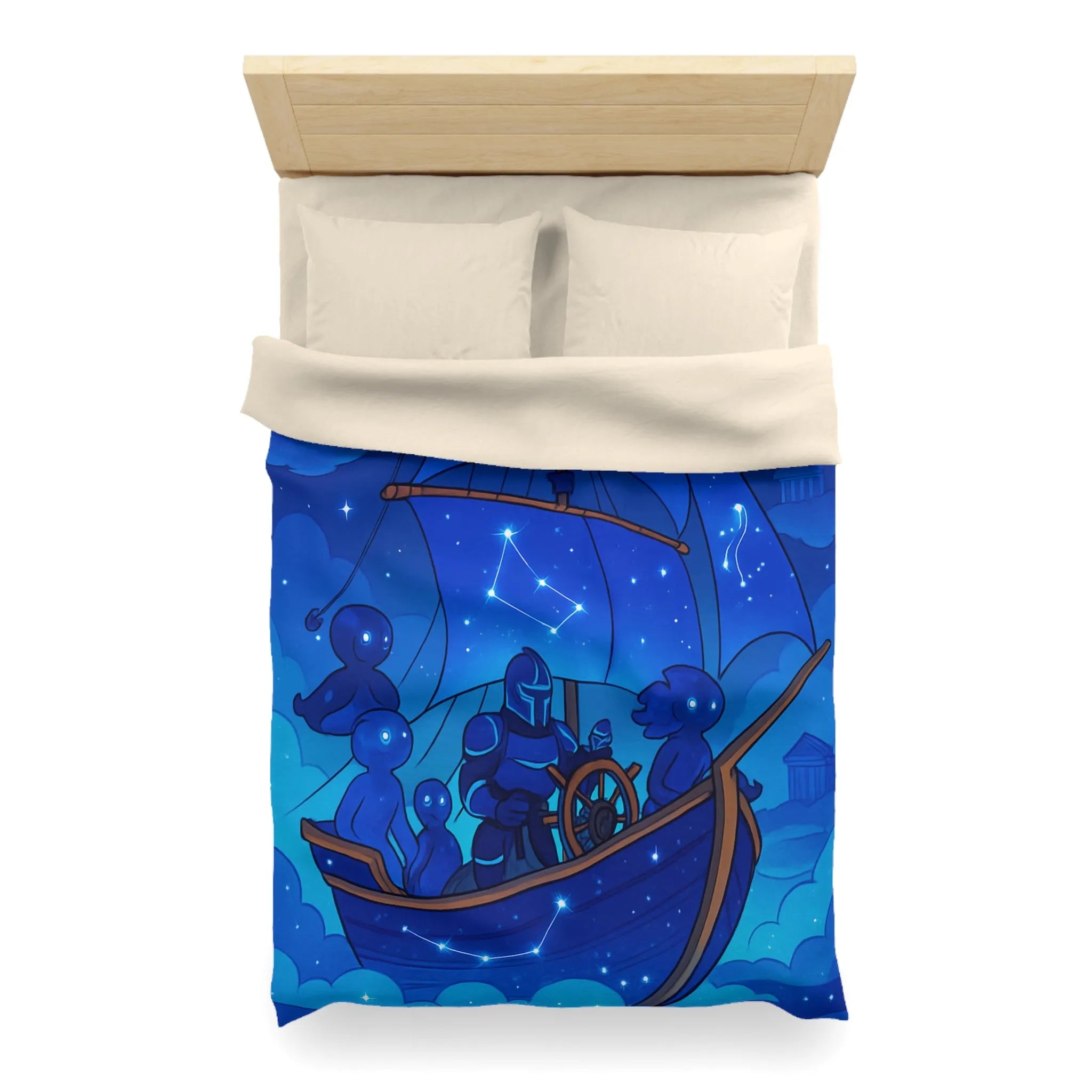 Housse de Couette Inspirée Ciel Étoilé avec Bateau et Constellations Bleu Nuit