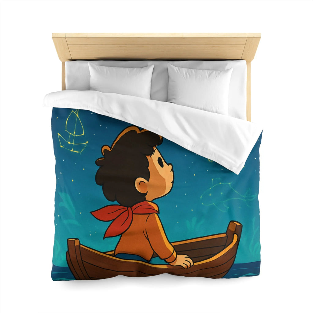 Enfant rêveur explorant les constellations marines lumineuses depuis un petit bateau paisible