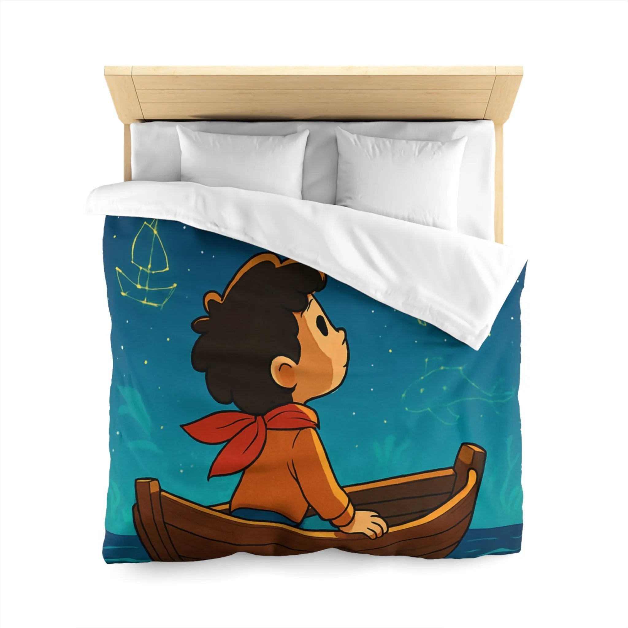 Enfant rêveur explorant les constellations marines lumineuses depuis un petit bateau paisible