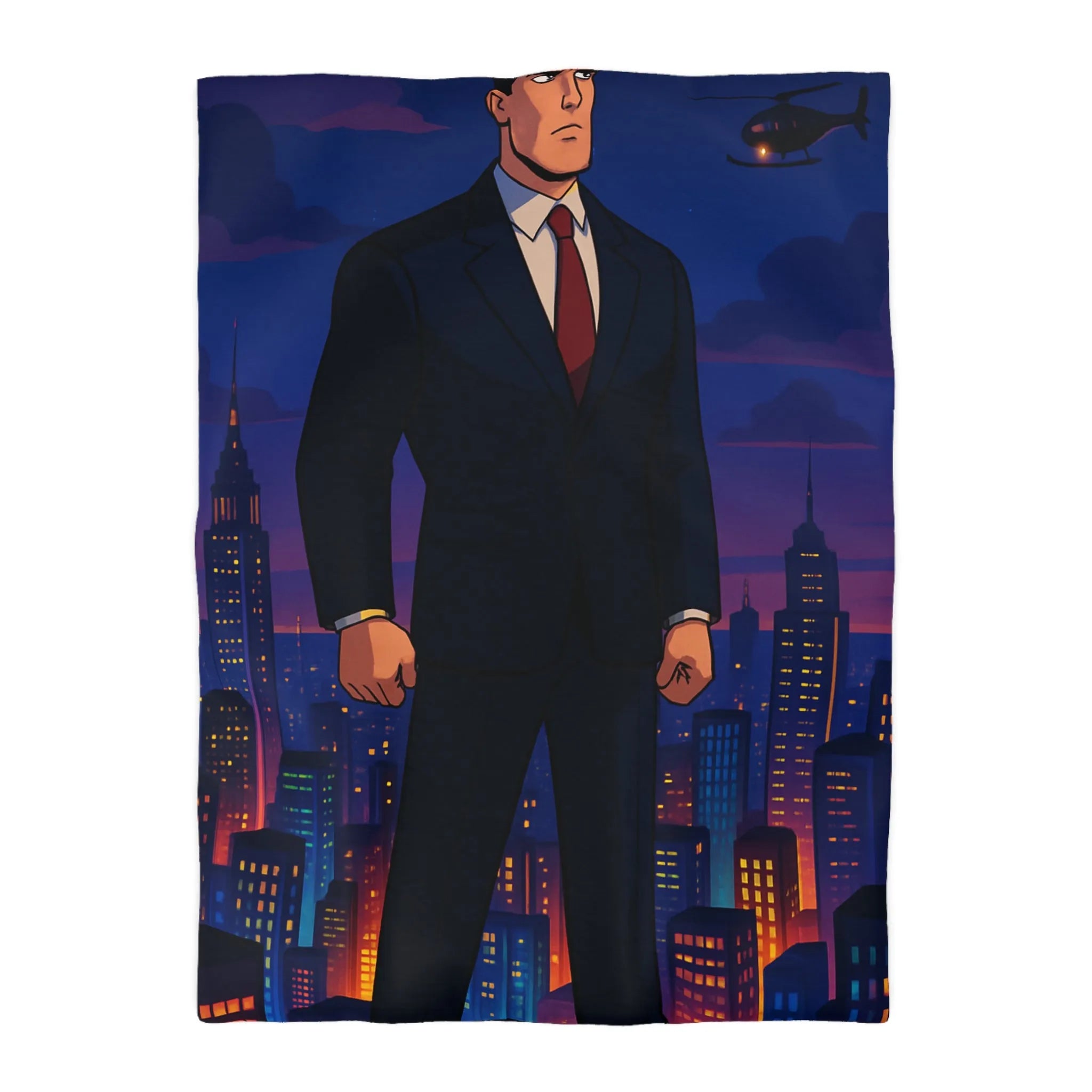 Héros musclé en costume noir observant la ville illuminée au crépuscule animé