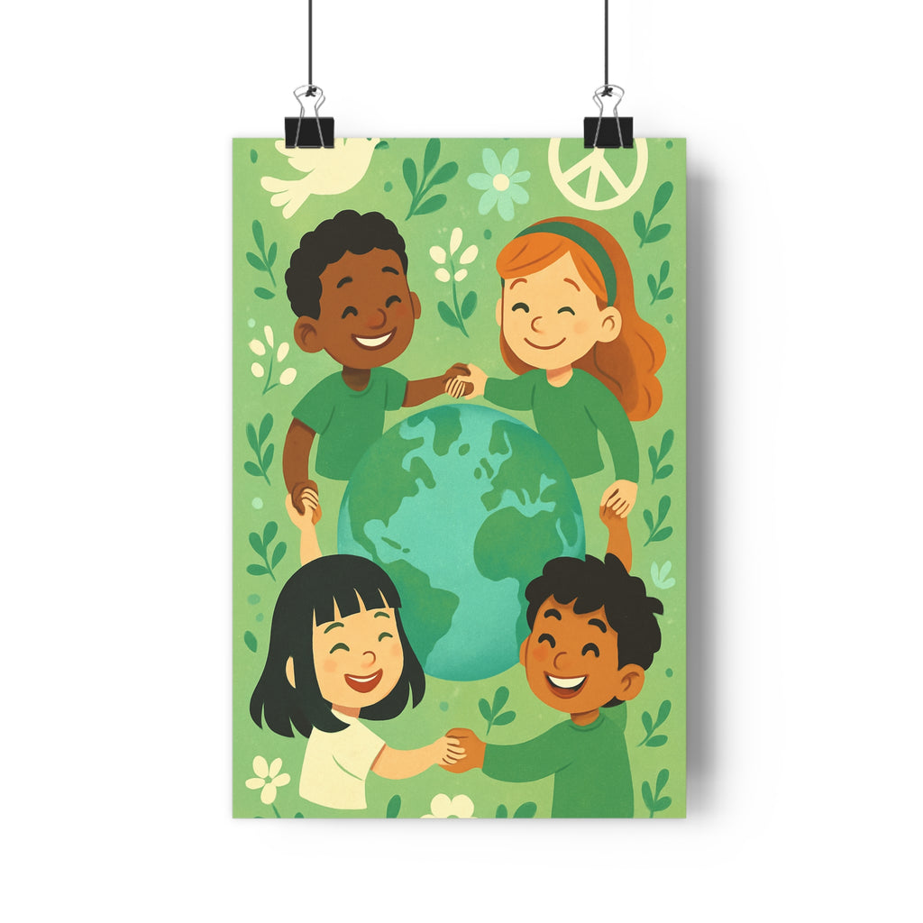Poster décoratif cartoon harmonieux vert bleu paix enfant chambre univers multiculturalité unité nature calme
