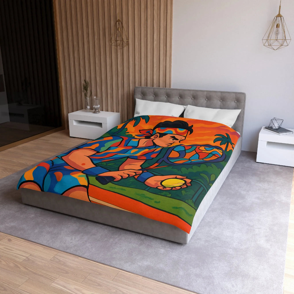 Housse de Couette Colorée Tennis Design Vibrant avec Joueur en Action et Palmiers