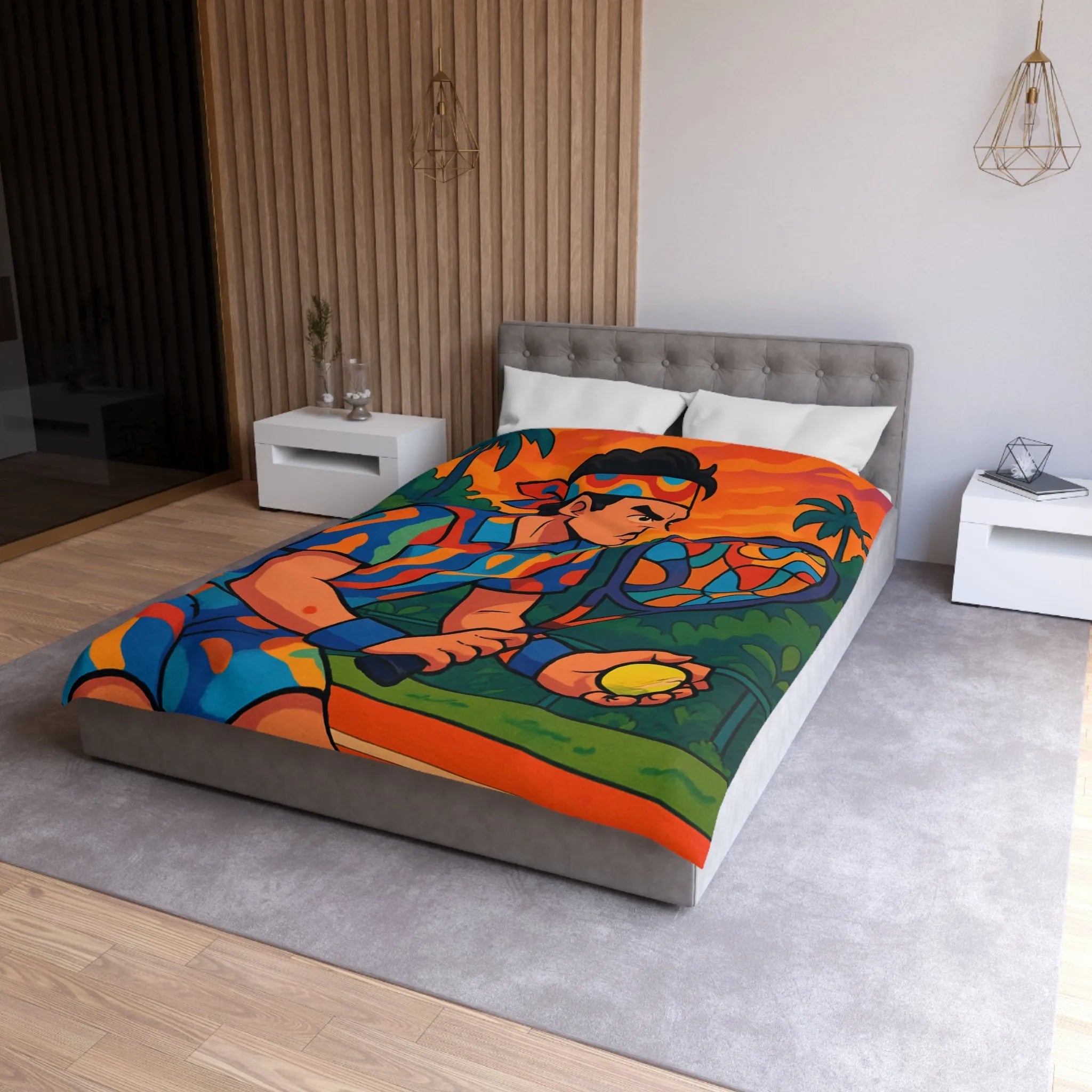 Housse de Couette Colorée Tennis Design Vibrant avec Joueur en Action et Palmiers