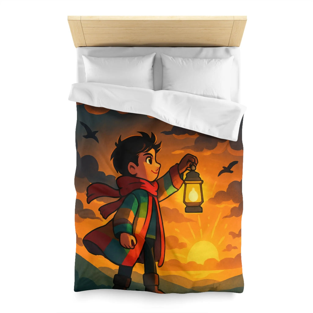 Housse de couette avec illustration enfantine colorée : garçon, lanterne, ciel dramatique