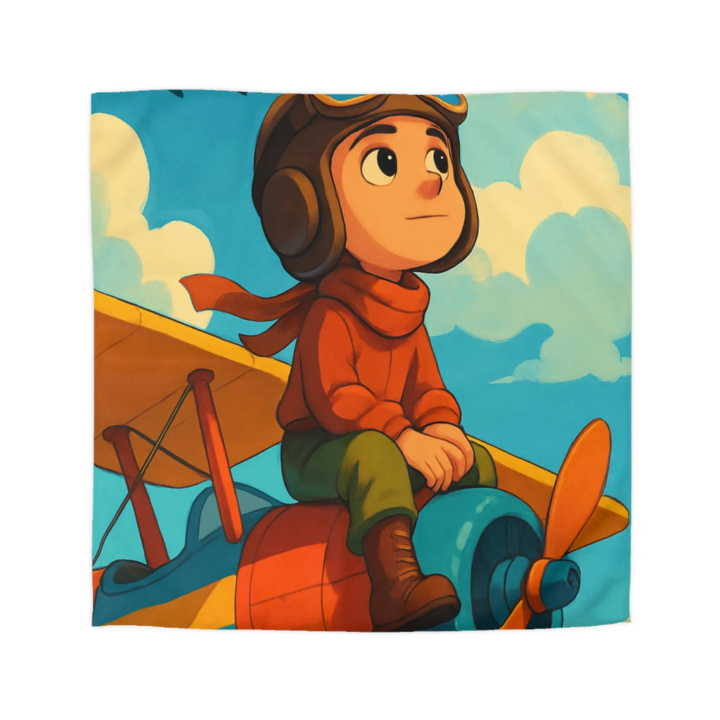 Housse de couette enfantine colorée avec petit aviateur, avion vibrant et ciel bleu