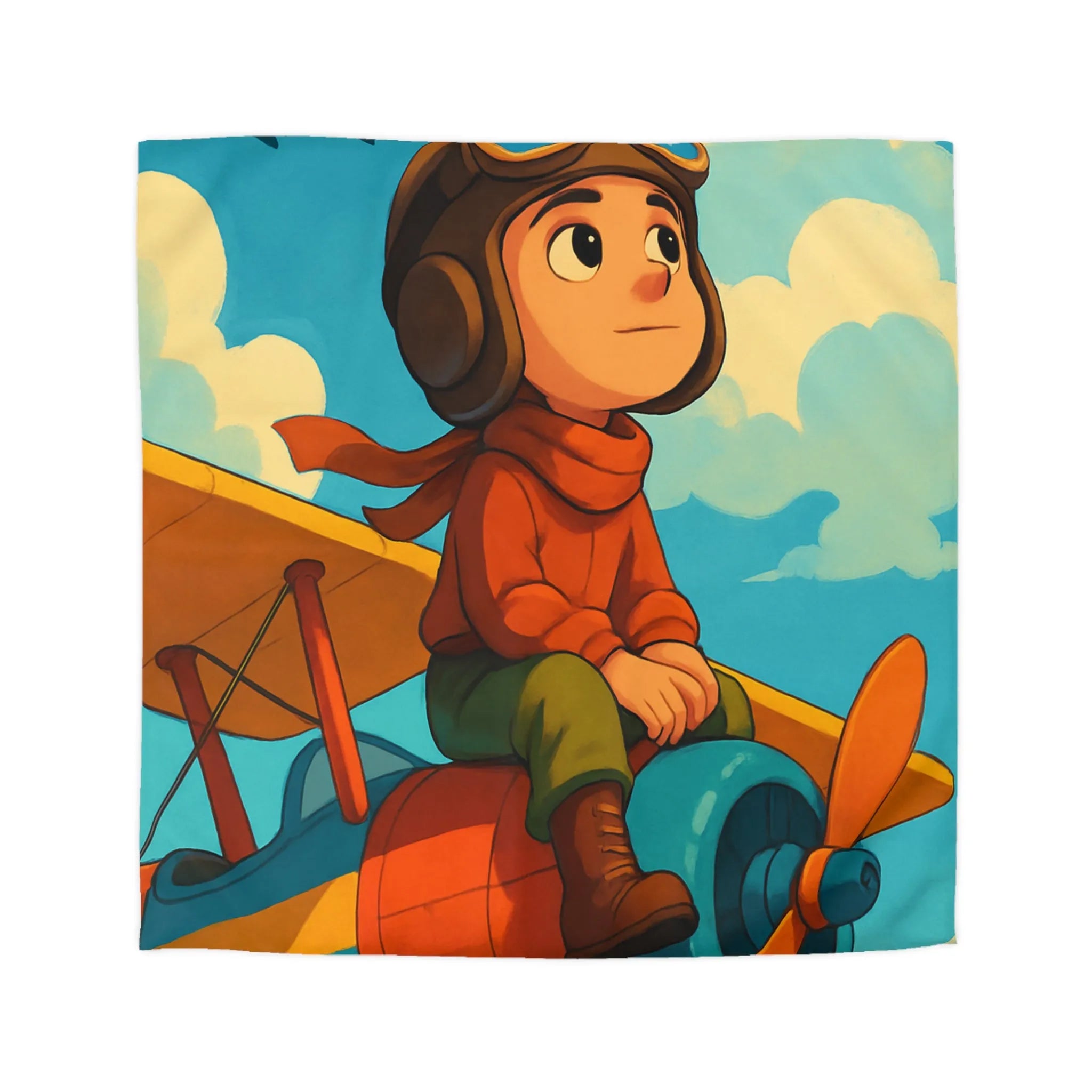 Housse de couette enfantine colorée avec petit aviateur, avion vibrant et ciel bleu