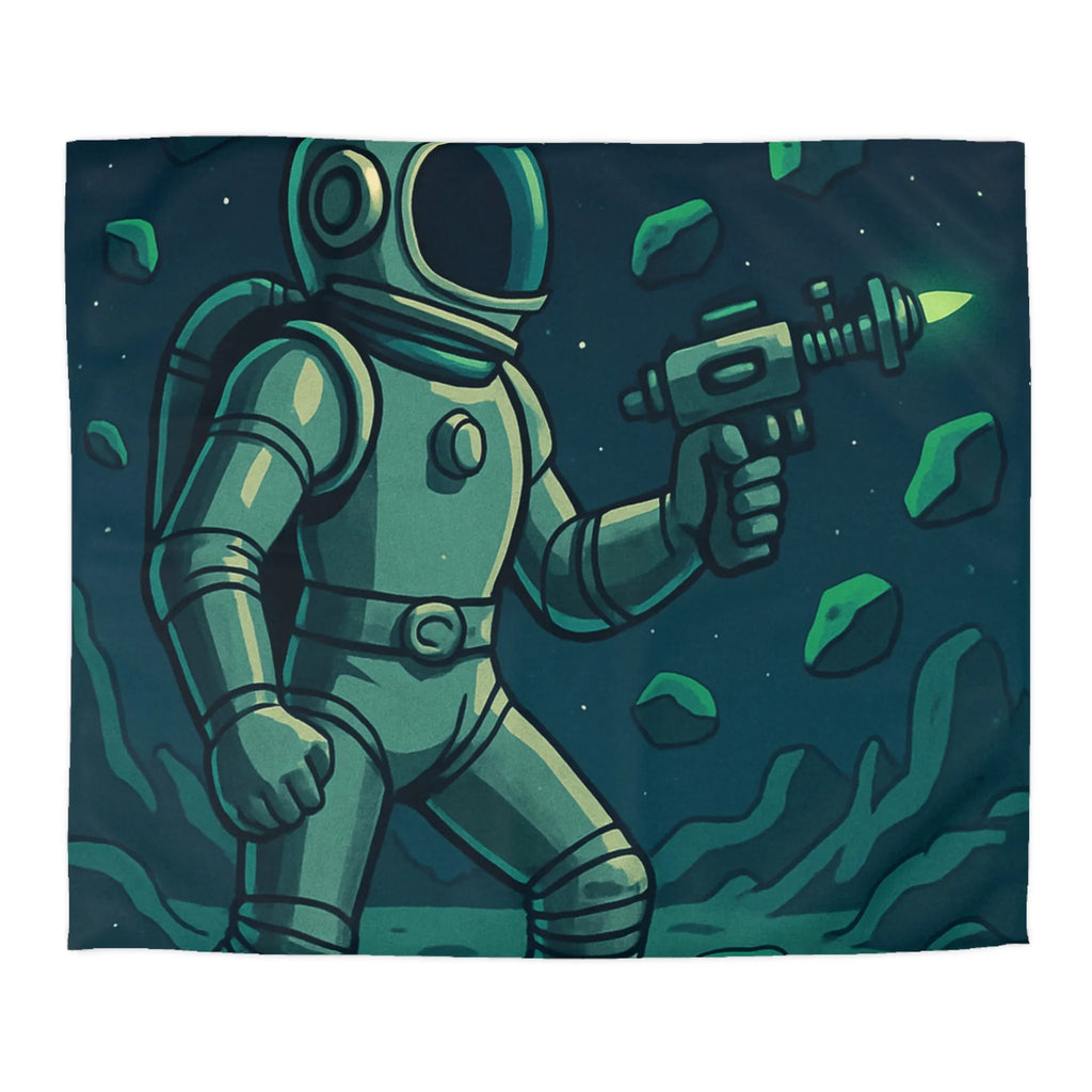 Exploration spatiale rétro avec astronaute et soucoupe volante sur fond nocturne stellaire