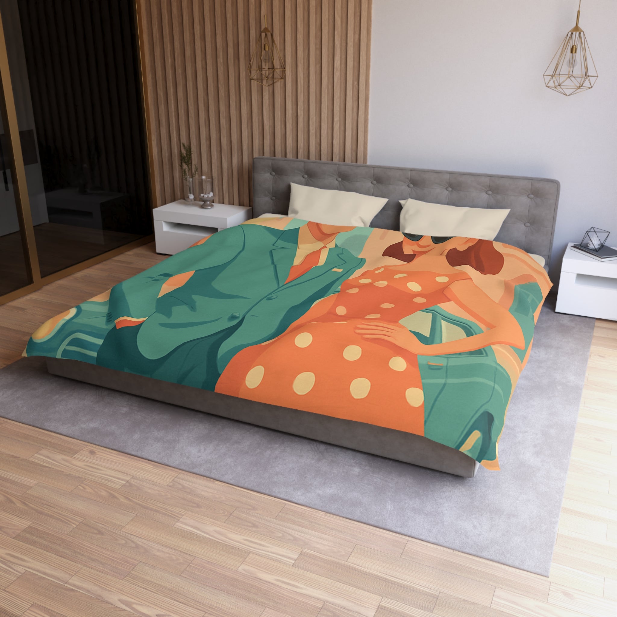 Housse de couette vintage rétro avec couple élégant en habits années 50 chic