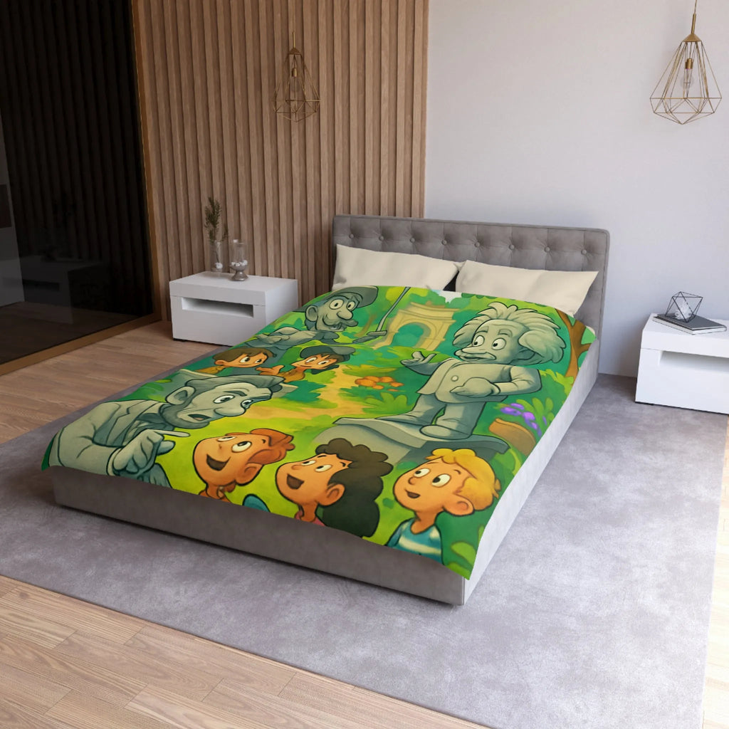 Housse de couette illustrée avec personnages historiques et enfants dans un jardin coloré