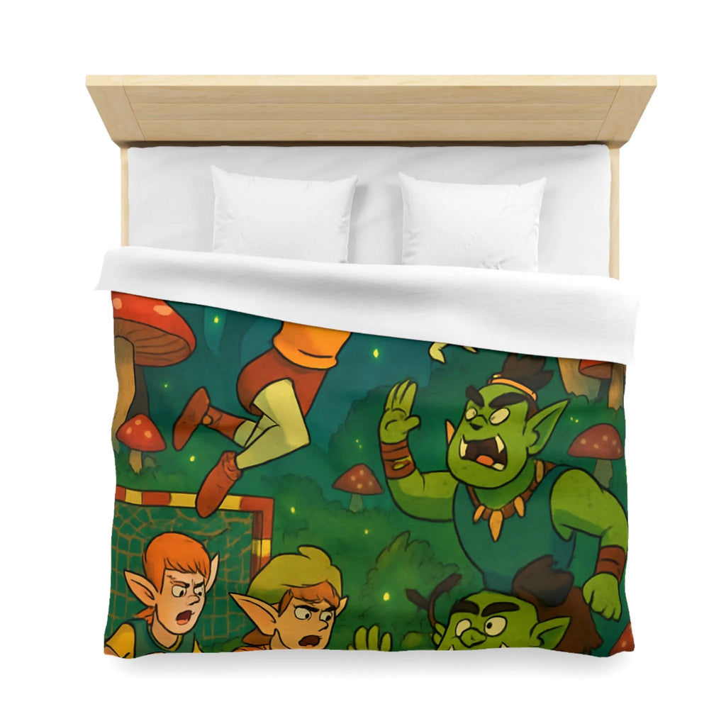 Housse de couette d’elfes joueurs de handball dans une forêt magique illuminée