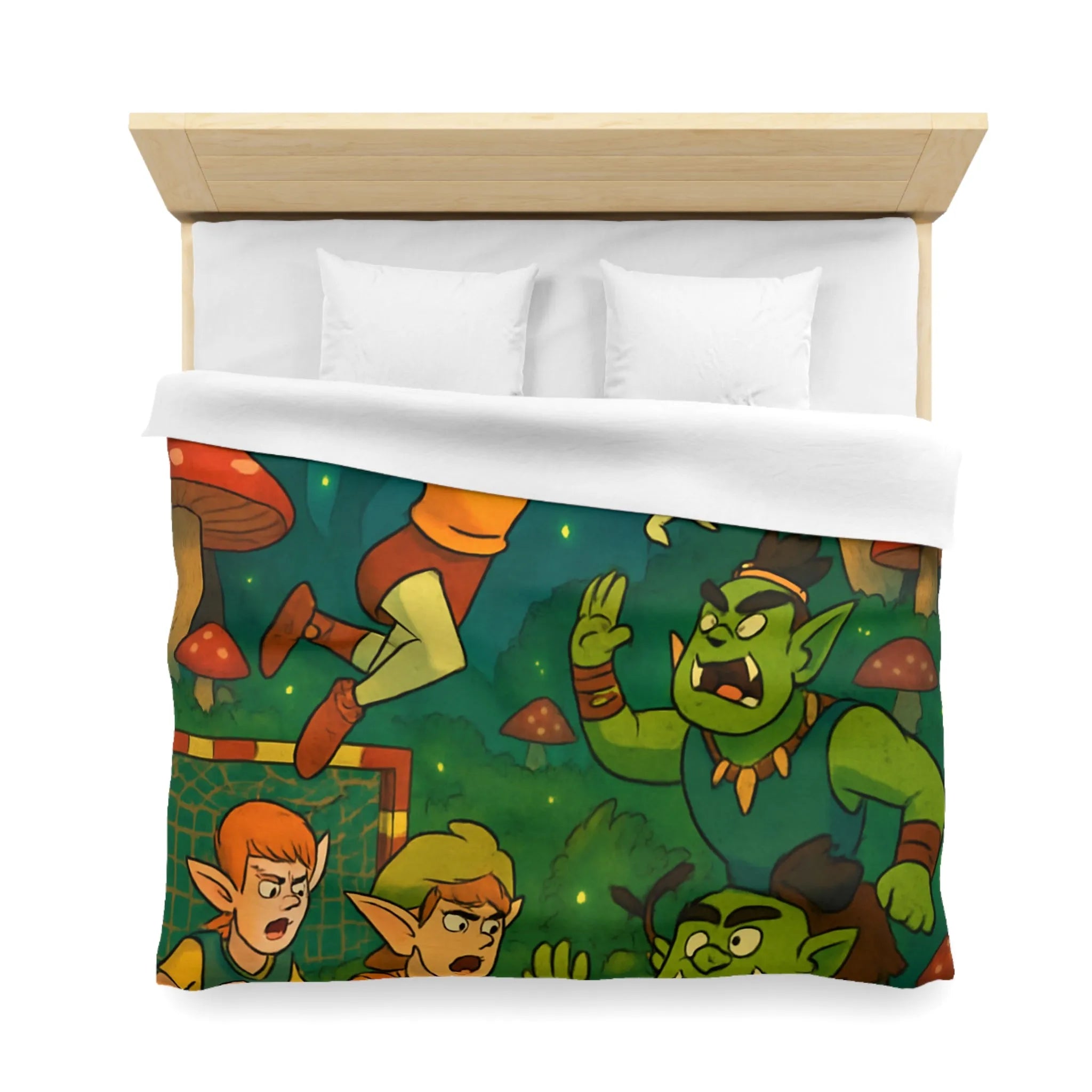 Housse de couette d’elfes joueurs de handball dans une forêt magique illuminée