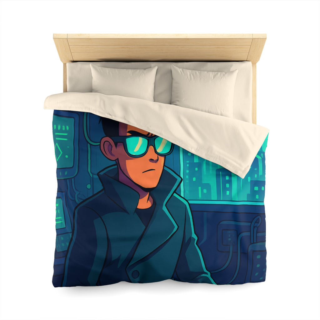 Housse de couette urbaine homme élégant en manteau dans appartement futuriste avec écran