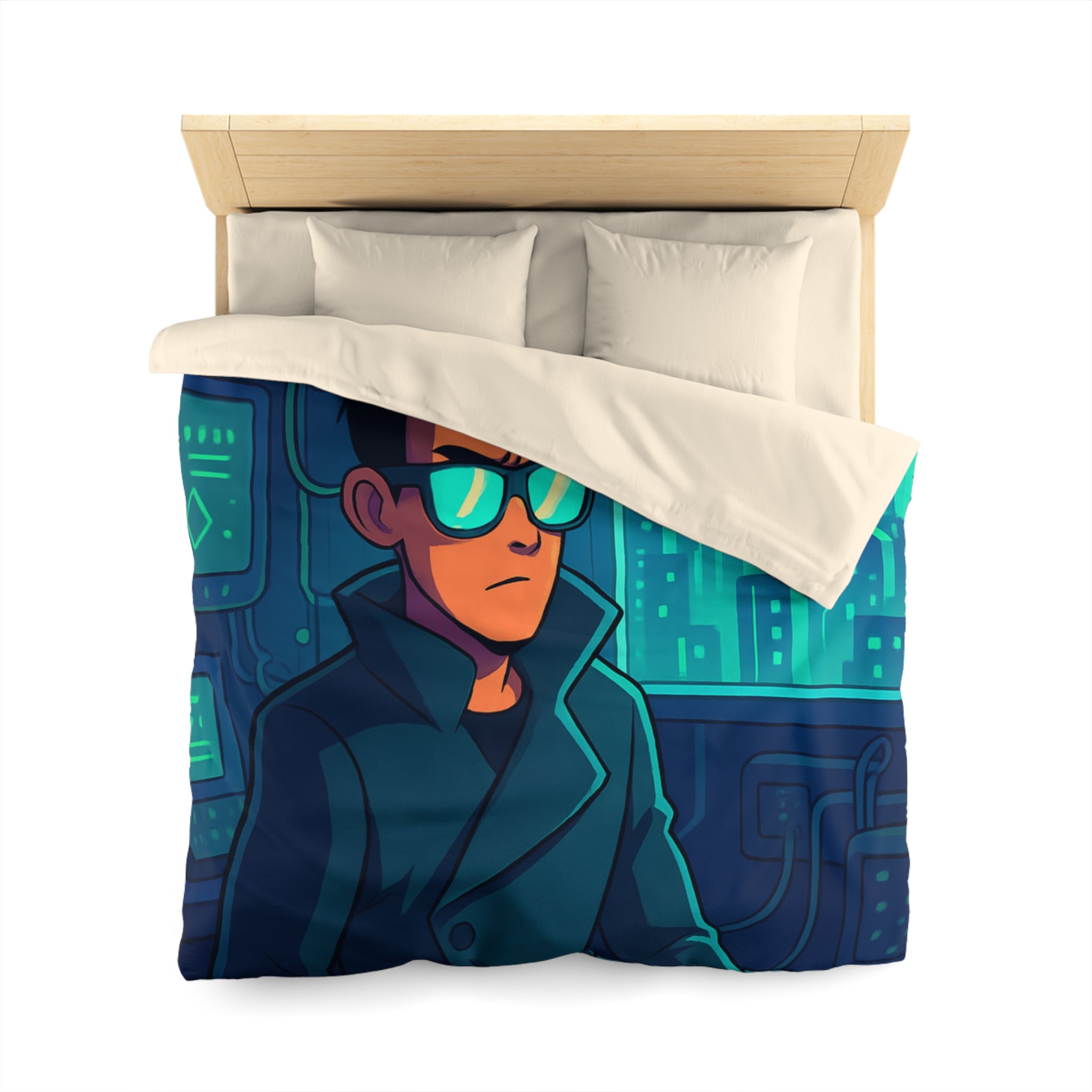 Housse de couette urbaine homme élégant en manteau dans appartement futuriste avec écran