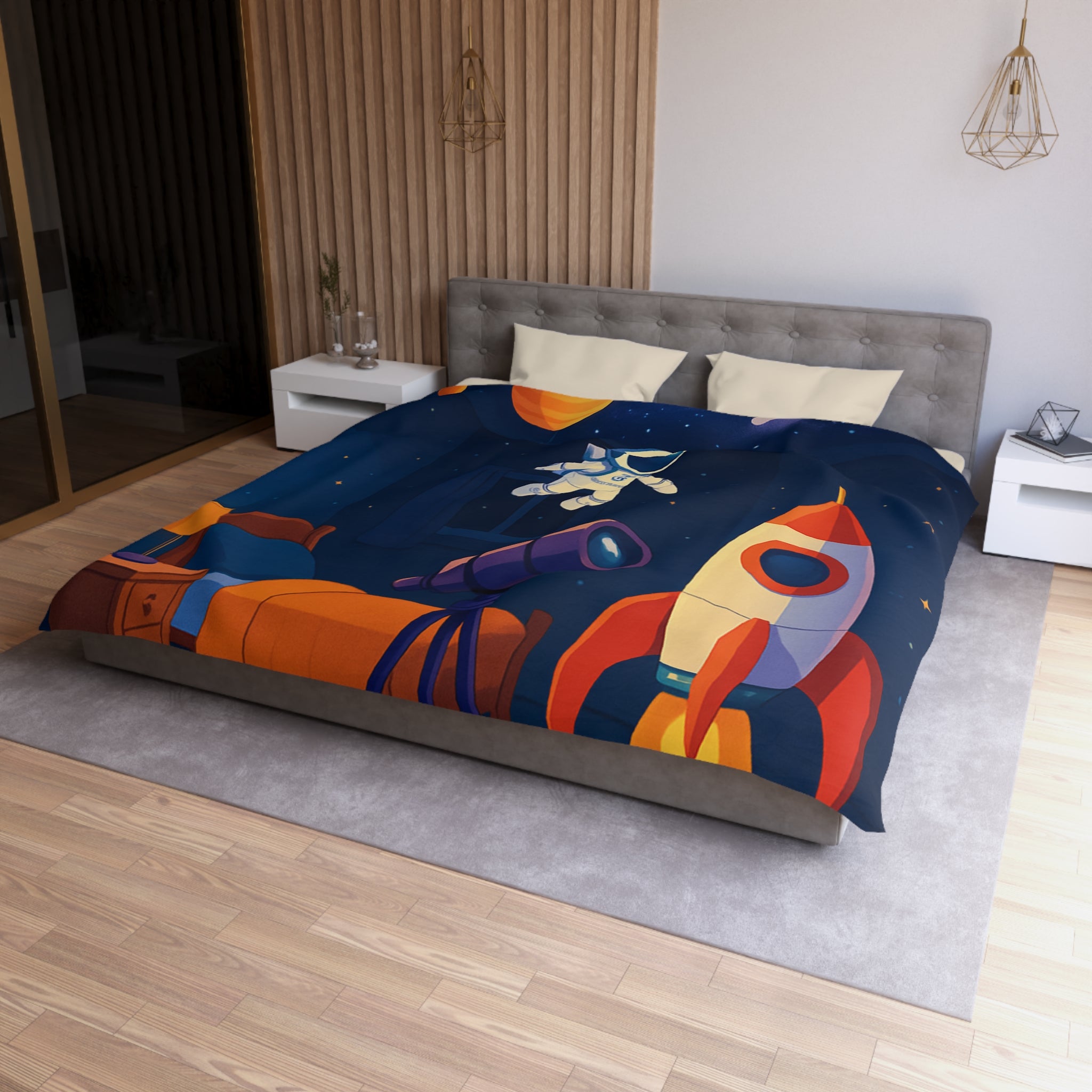 Housse de Couette Spatiale Enfant avec Astronaute Fusée et Planètes Colorées