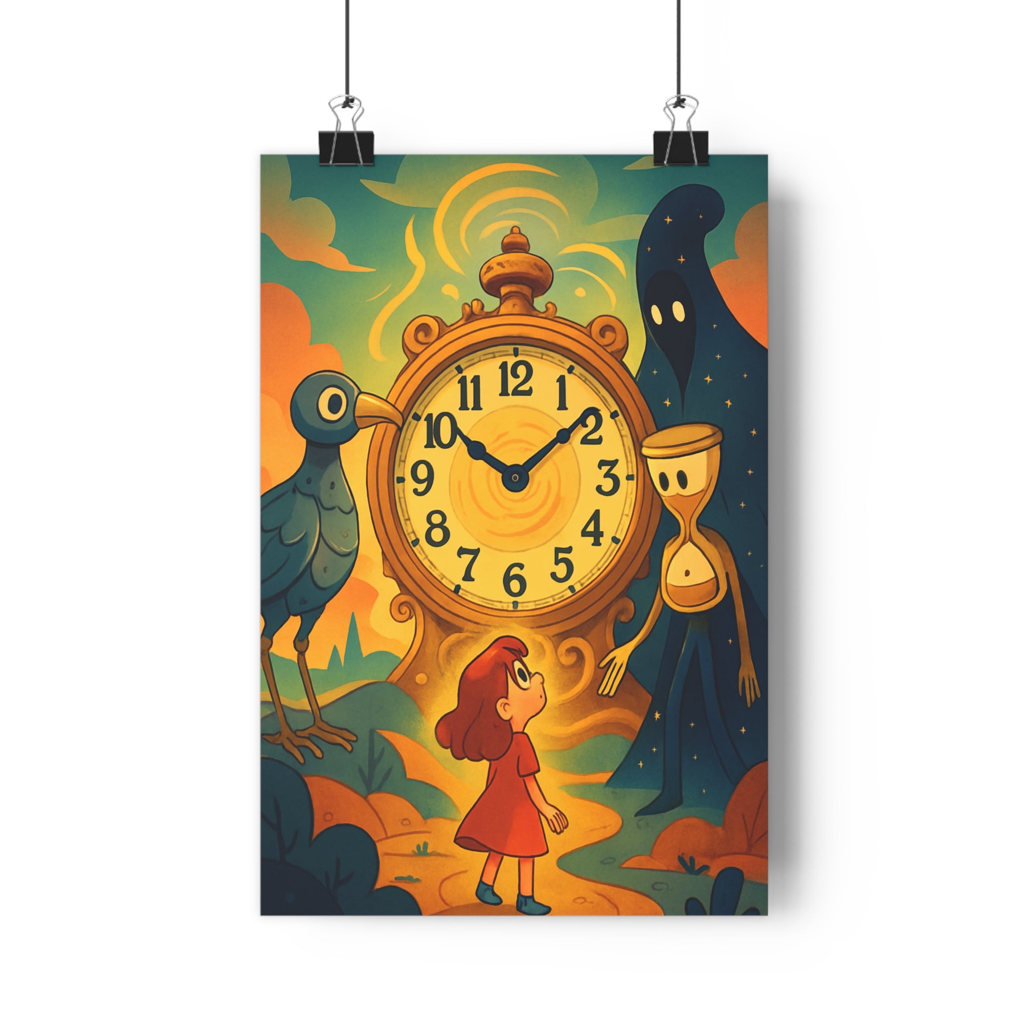 Poster décoratif animé bleu rouge mystique chambre enfant horloge silhouette fascinant univers mystérieux qualité