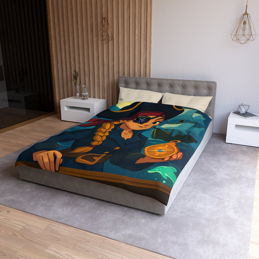 Housse de couette pirate colorée avec femme audacieuse, boussole et bateau illuminé