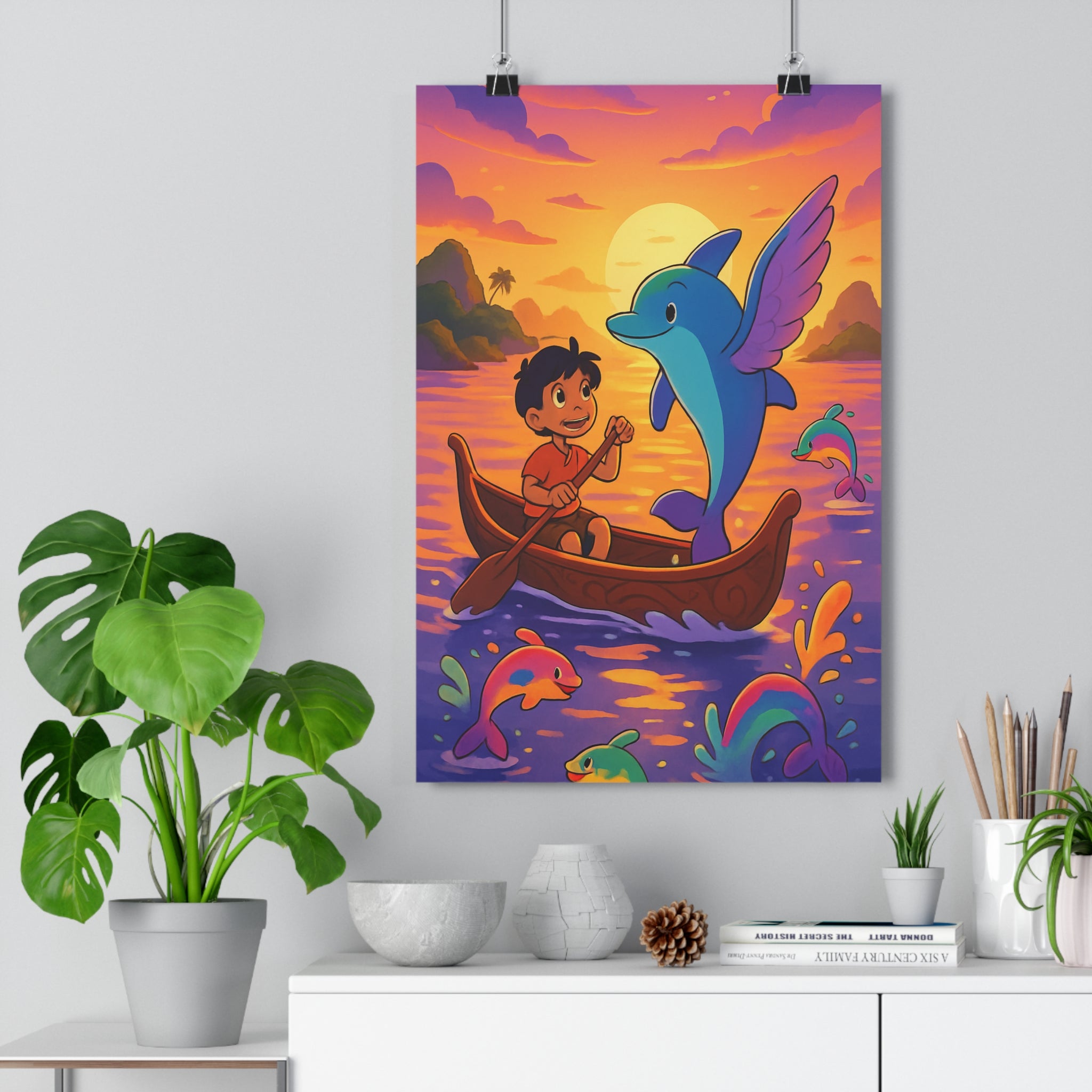 Poster décoratif enfant aventure joyeux coloré magique dauphin barque mer coucher soleil chambre tendance