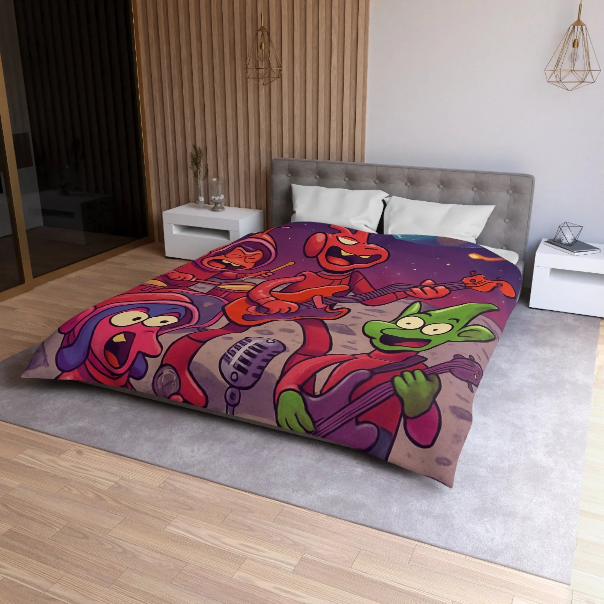 Housse de Couette Éclectique avec Aliens Musiciens sous Ciel Étoilé pour Chambre Unique