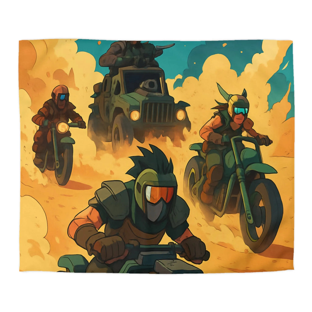 Housse de couette aventure désertique avec véhicules post-apocalyptiques et ambiance futuriste dynamique