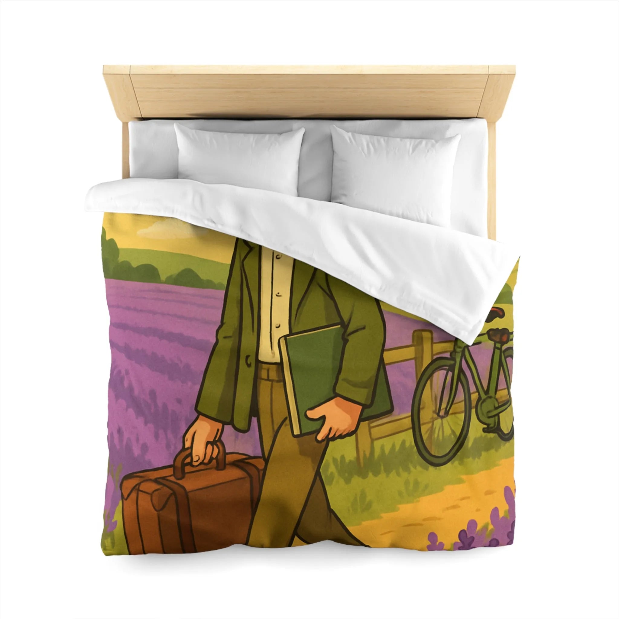 Housse de Couette Champêtre Lavande avec Jeune Homme et Vieux Vélo Vintage