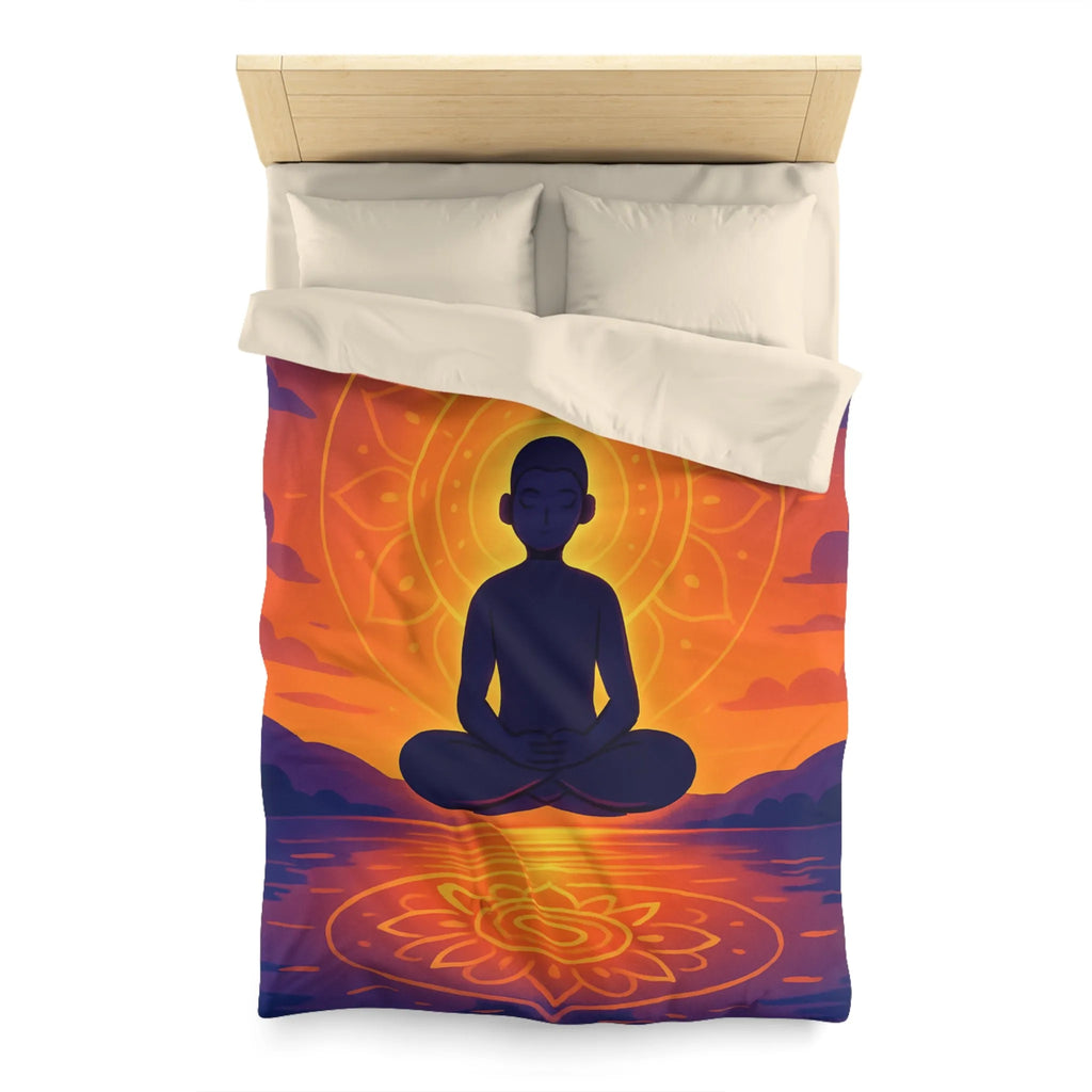 Housse de couette méditation silhouette au coucher de soleil avec reflet mandala lumineux