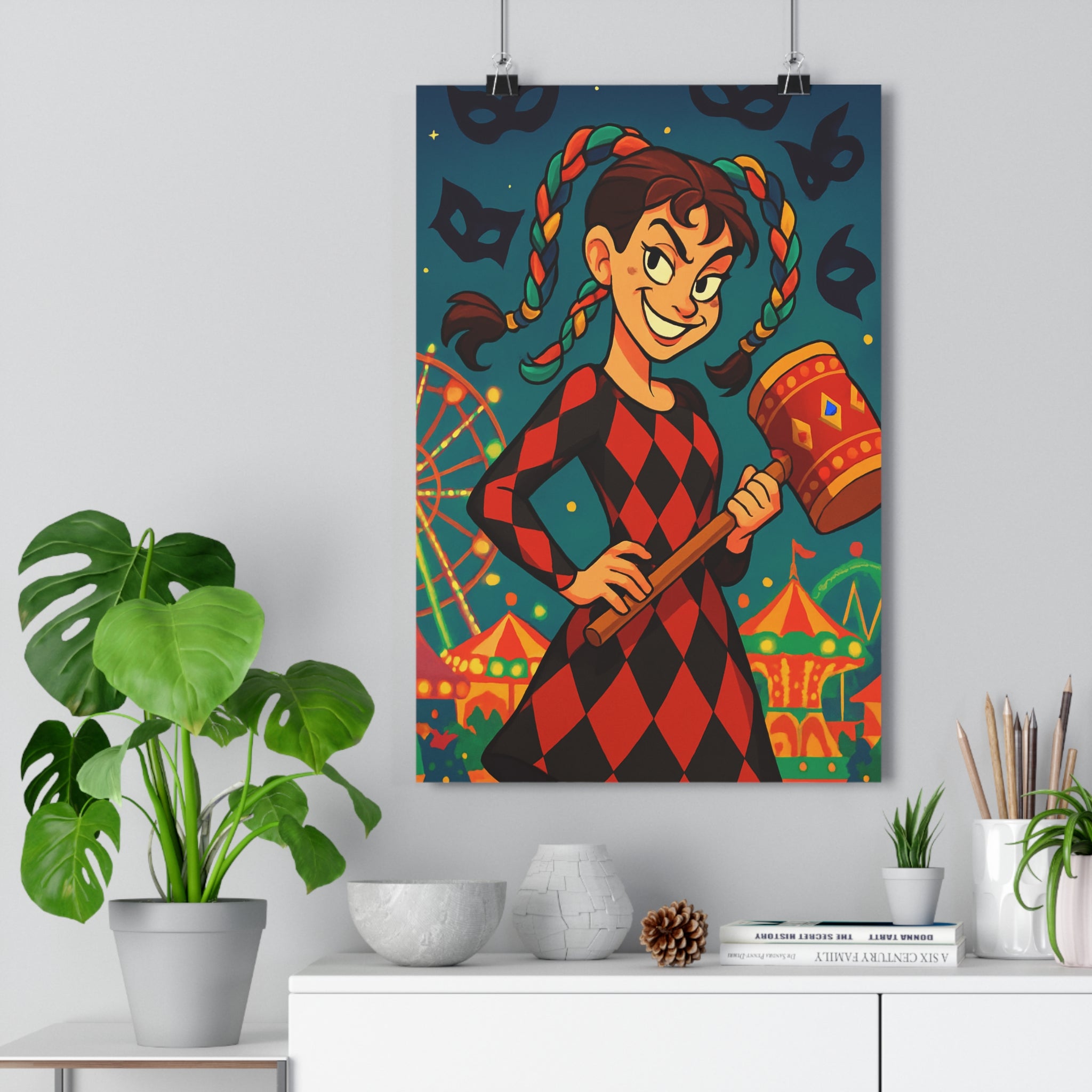 Poster décoratif cartoon rouge noir joyeux chambre salon art femme malicieuse fête tressée étoiles