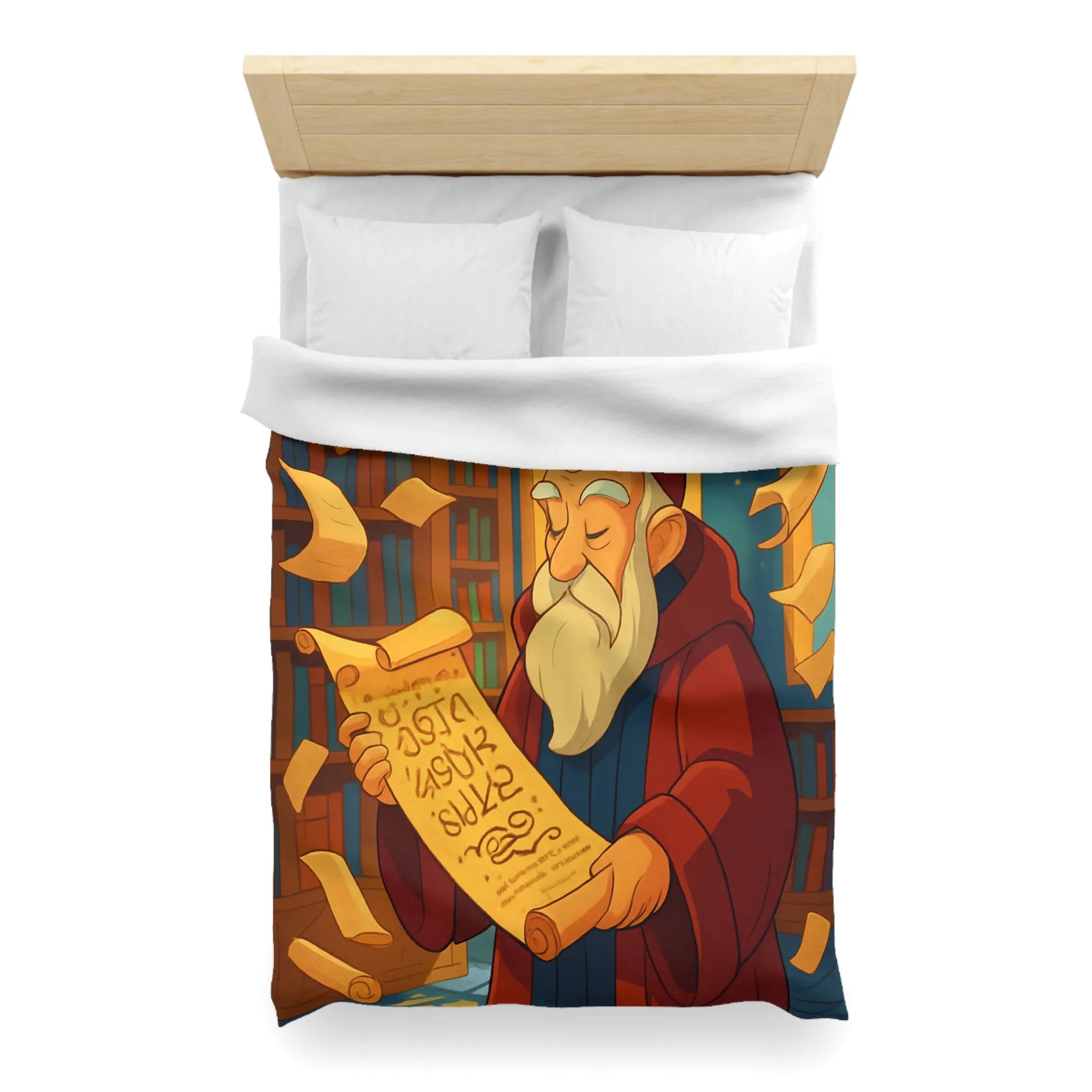 Housse de couette élégante avec design de bibliothèque, parchemins et sage en robe rouge