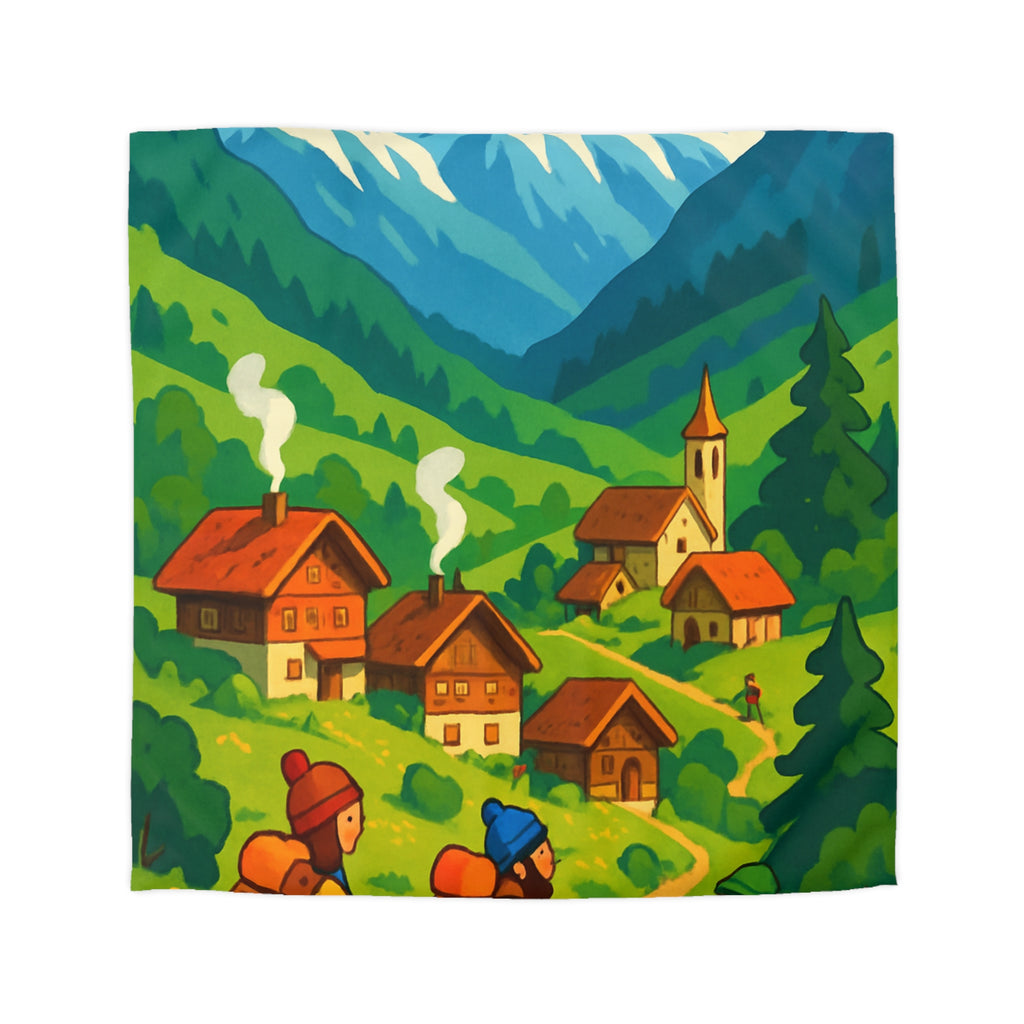 Housse de Couette Montagne avec Aventureurs, Chalets et Paysage Montagnard Enneigé