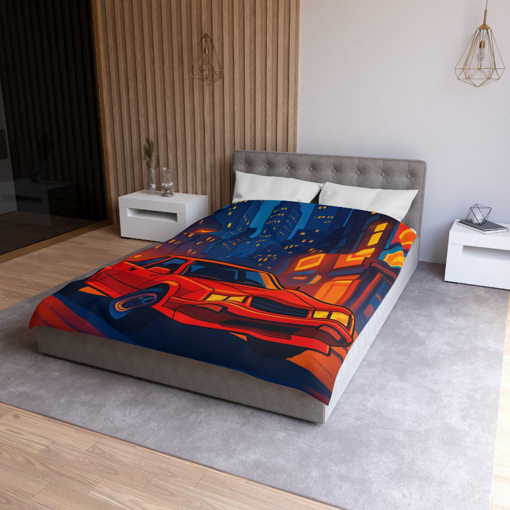 Housse de couette urbaine rétro avec voiture rouge lueur nocturne vibrante