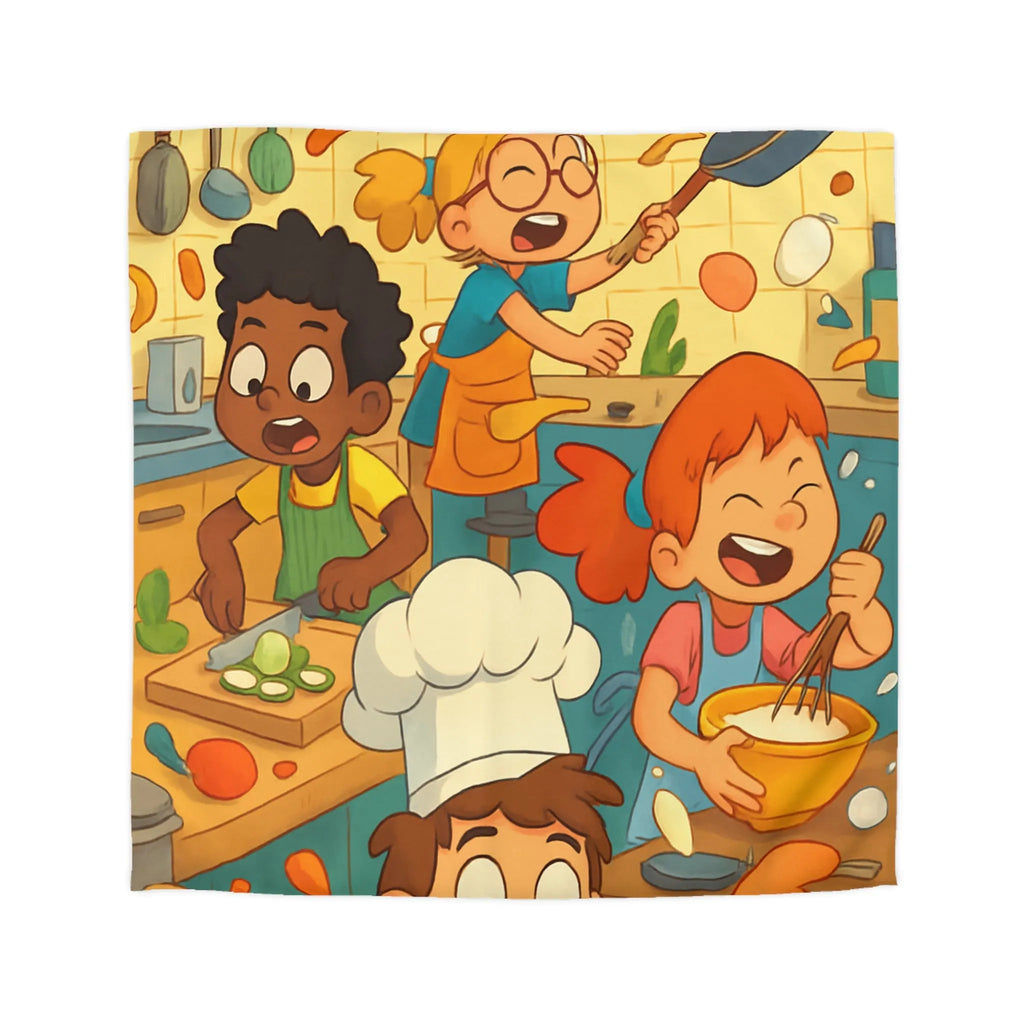 Housse de couette illustrée cuisine enfants joyeux couleurs vives spatule éclaboussures légumes