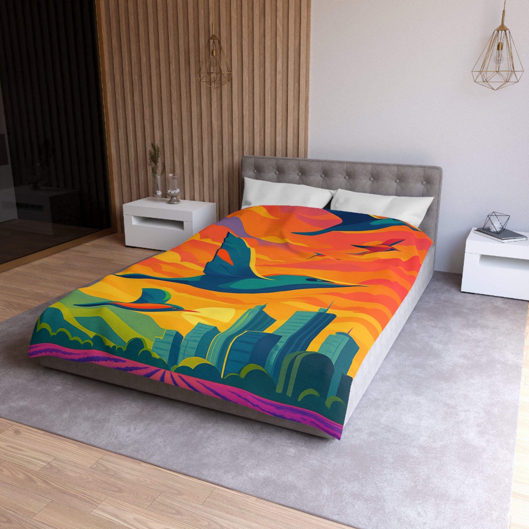 Housse de Couette Vibrante avec Oiseaux Volant au-dessus Champs et Ville au Crépuscule