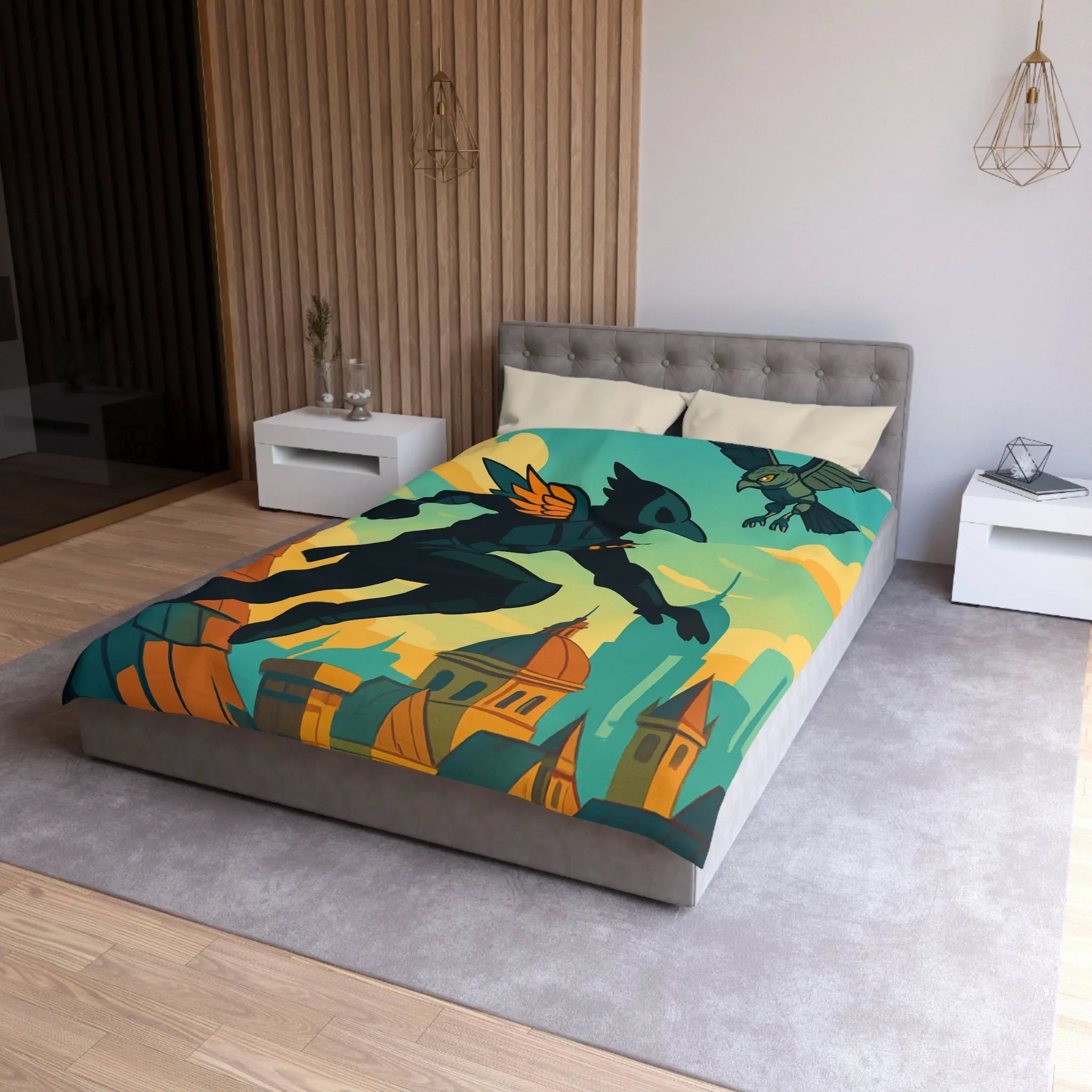 Housse de couette artistique avec silhouette et oiseau sur un toit urbain animé